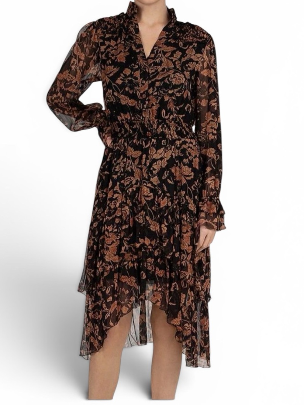 EUC, The Kooples Floral Smocked Midi Dress Black Brown Size 3 US Medium